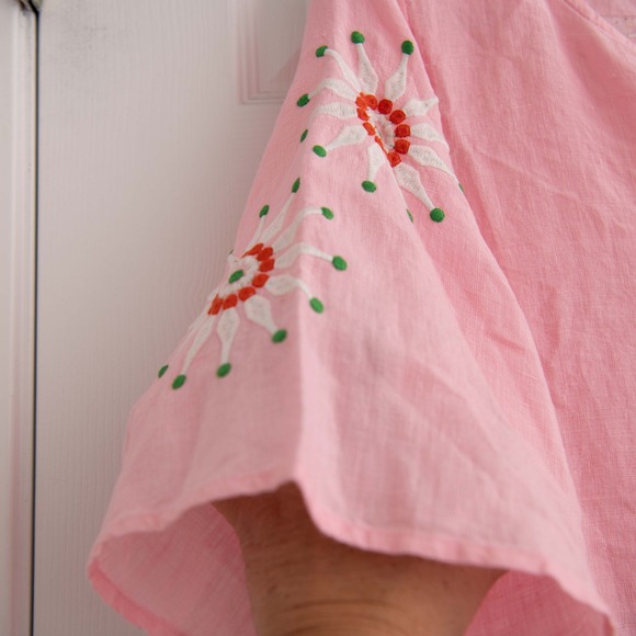 Pink 100% Linen Tunic Dress Size M Embroidered Retro 70s Print Geometric Flower - Picture 3 of 6